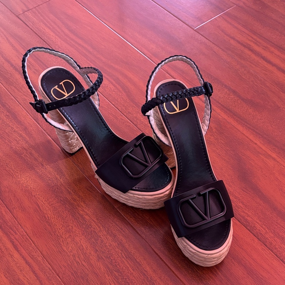 Black Braided Slingback Wedge Sandals